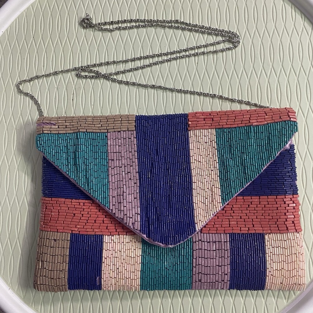 Vintage LA REGALE Beaded Multicolor Evening Small Bag Clutch Purse, Satin Lining